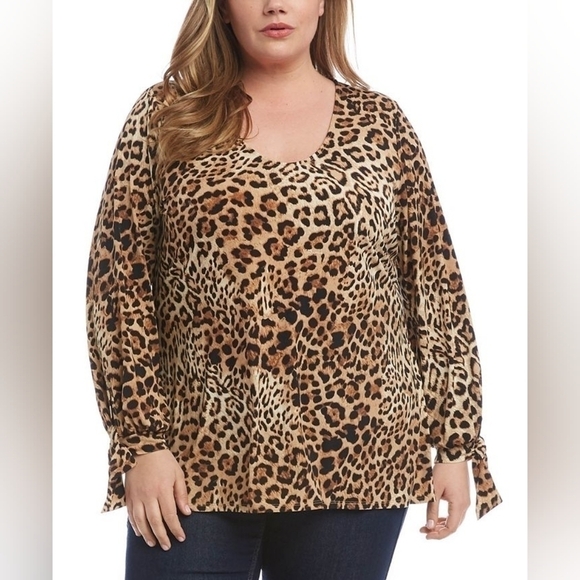 KAREN Kane Leopard- Print Tied Cuff Stretch Blouse Size 0X - Picture 2 of 3